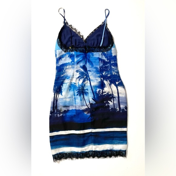LE SUPERBE Helenas Palm Tree Mini Slip Dress Sz 8 Ocean Blue lace trim - Picture 9 of 12